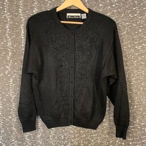Vintage Dana Scott Black Knit Floral Beaded Cardigan Sweater Women's Large
